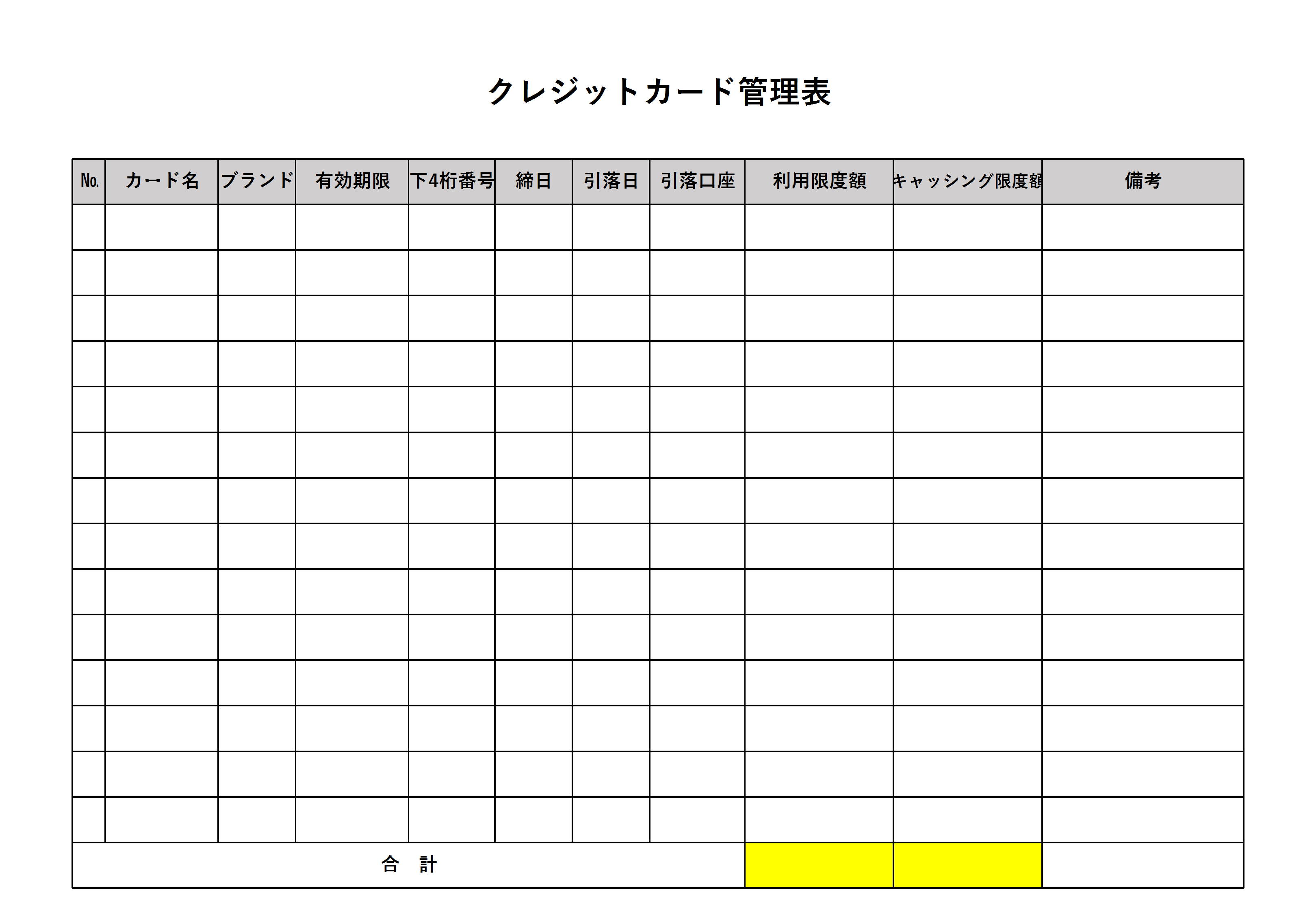 クレジットカード管理表